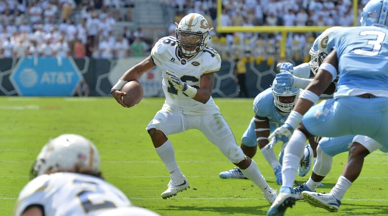 September 30, 2017 Atlanta - Georgia Tech quarterback TaQuon Marshall (16) runs for a go-ahead touchdown in the first half of an NCAA college football game at Bobby Dodd Stadium on Saturday, September 30, 2017. HYOSUB SHIN / HSHIN@AJC.COM