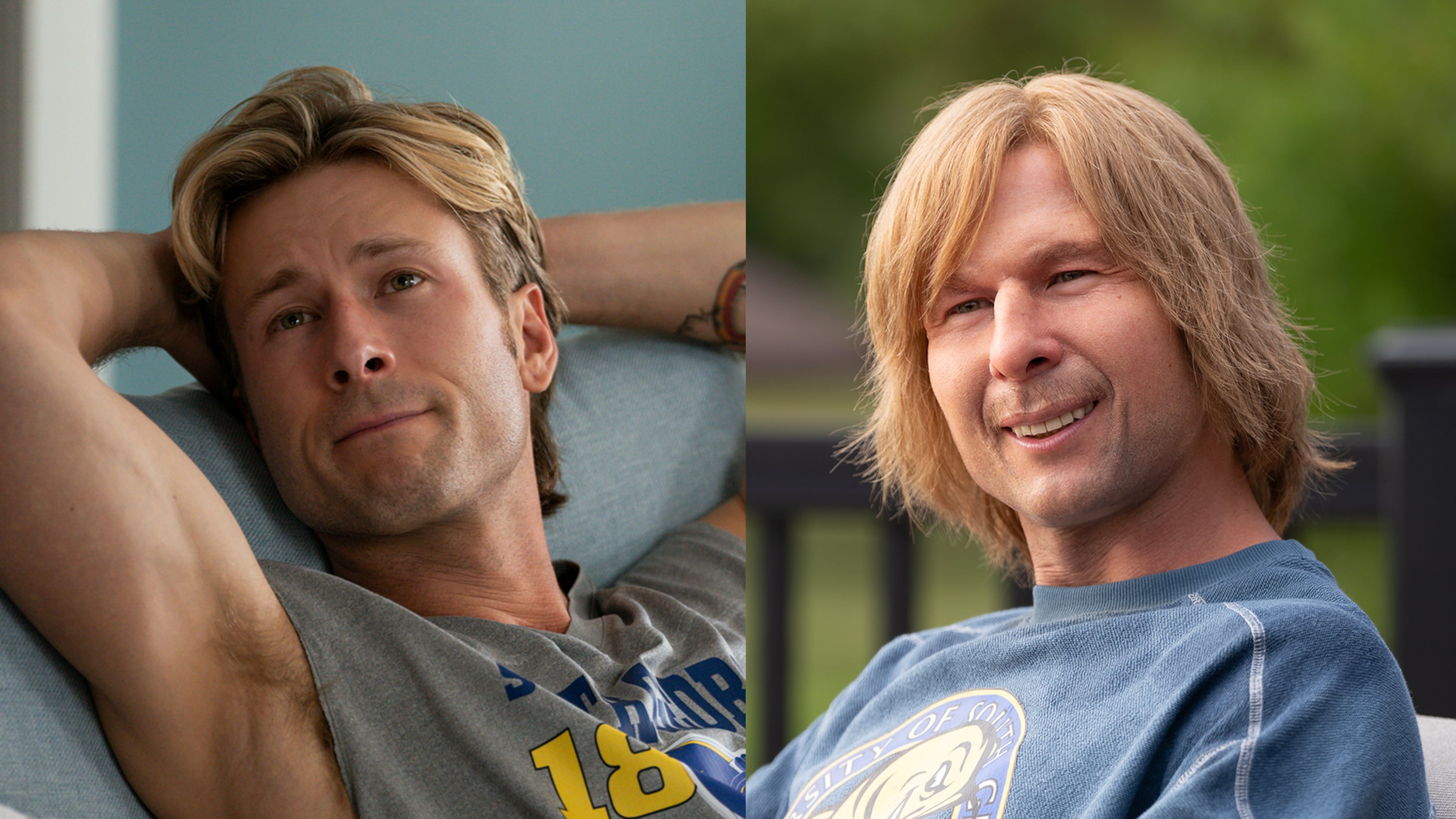 Glen Powell plays disgraced former college football player Russ Holliday, who puts on prosthetics and becomes Chad Powers for the Hulu comedy "Chad Powers." (Courtesy of Hulu)