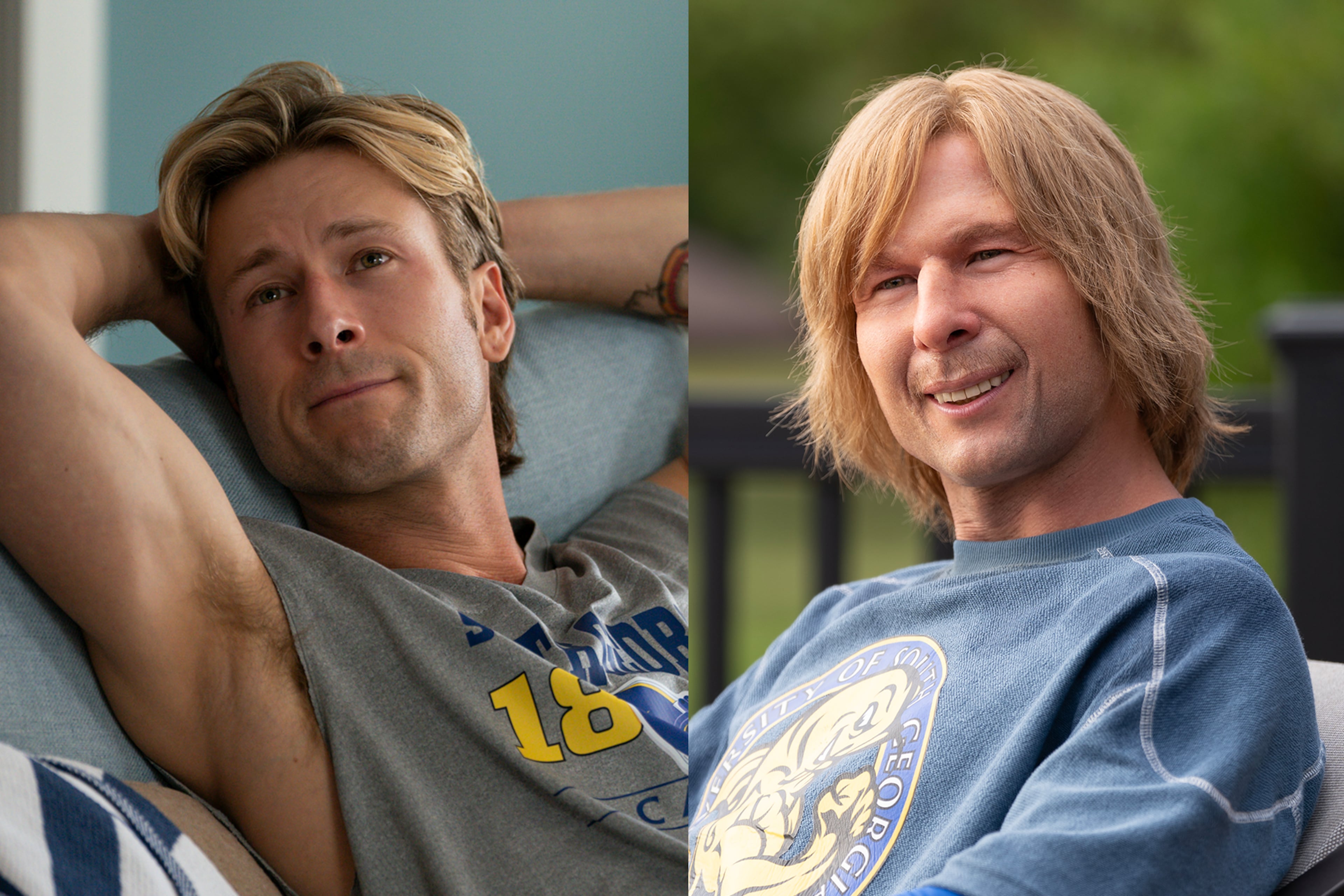 Glen Powell plays disgraced former college football player Russ Holliday, who puts on prosthetics and becomes titular character Chad Powers, for the Hulu sports comedy. (Hulu)