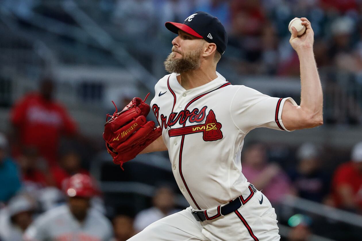 Atlanta Braves pitcher Chris Sale delivers to a Cincinnati Reds batter during the first inning of a baseball game, Wednesday, Sept. 23, 2026, in Atlanta. (Erik S. Lesser/AP)