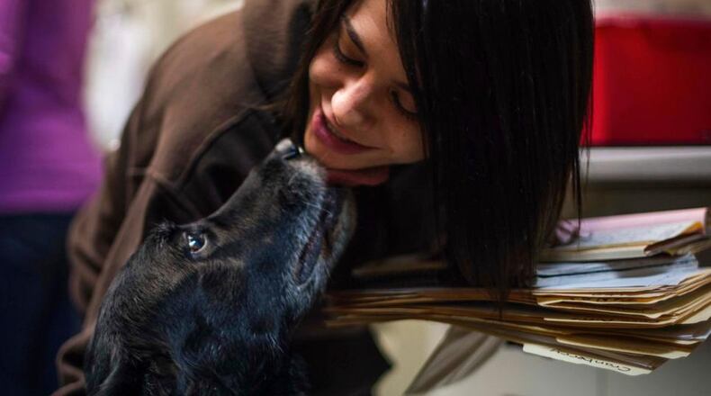 Jody Berisko, an employee at Animal Protectors of Allegheny Valley gets a kiss from Abby on Jan. 30, 2018. A Pennsylvania family has been reunited with its dog 10 years after the dog went missing. Debra Suierveld and her family assumed their dog Abby had died after she ran away in 2008 from their home in Apollo. Decade-old sadness turned to joy Saturday when Suierveld received word someone had found the dog. (Nate Smallwood/Pittsburgh Tribune-Review via AP)