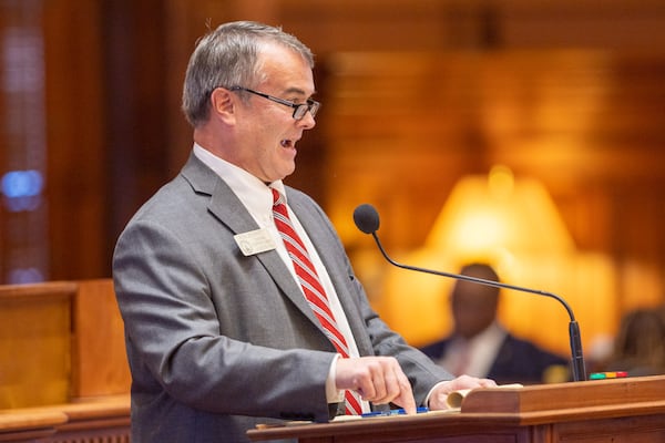 State House Rep. Rob Leverett, R-Elberton, discusses a redistricting bill at the Capitol in Atlanta on Thursday, December 7, 2023. (Arvin Temkar/AJC)