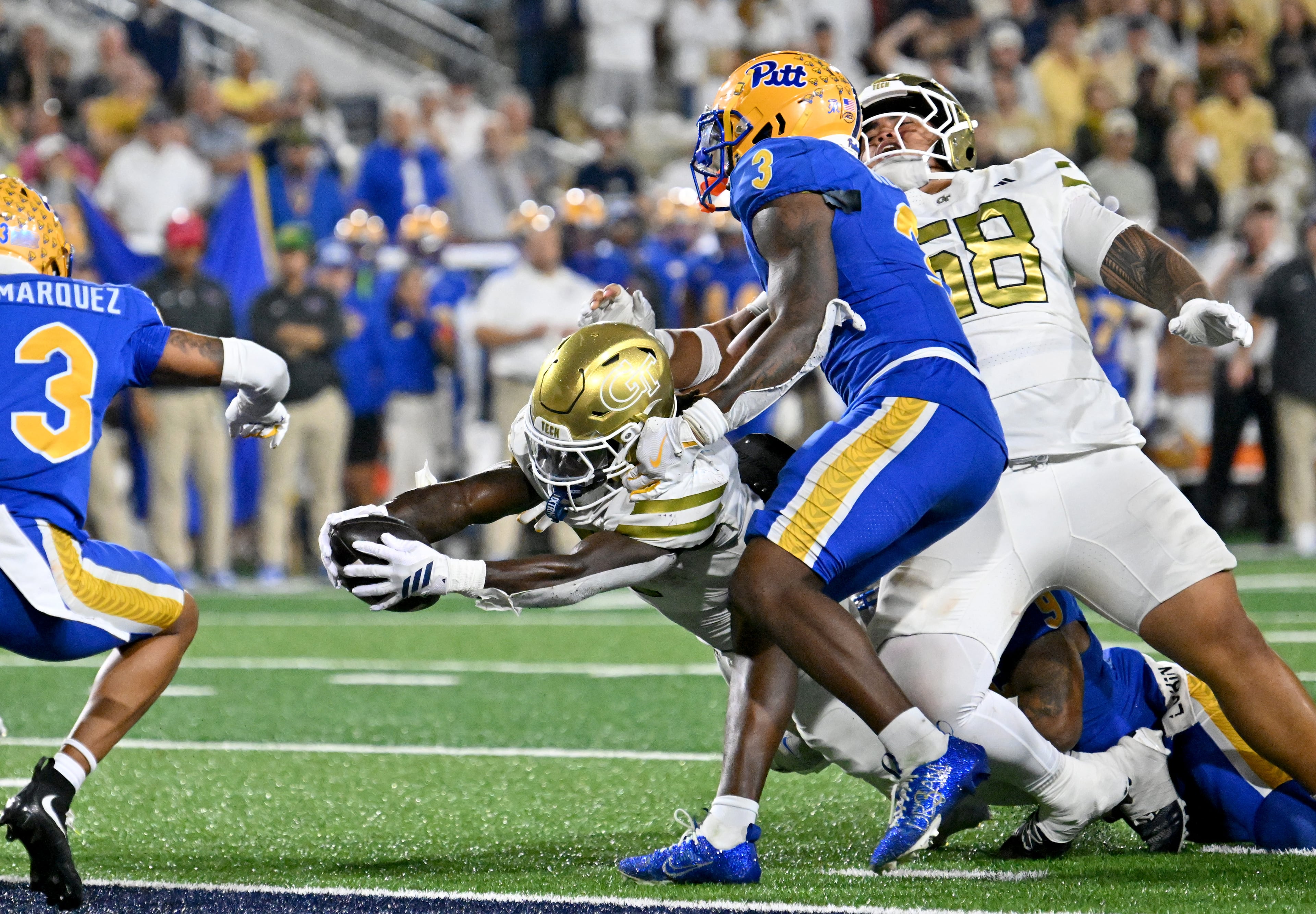 Georgia Tech running back Jamal Haynes (1) dives into the end zone for a touchdown during the second half in an NCAA college football game at Bobby Dodd Stadium, Saturday, November 22, 2025 in Atlanta. Pittsburgh won 42-28 over Georgia Tech. (Hyosub Shin / AJC)