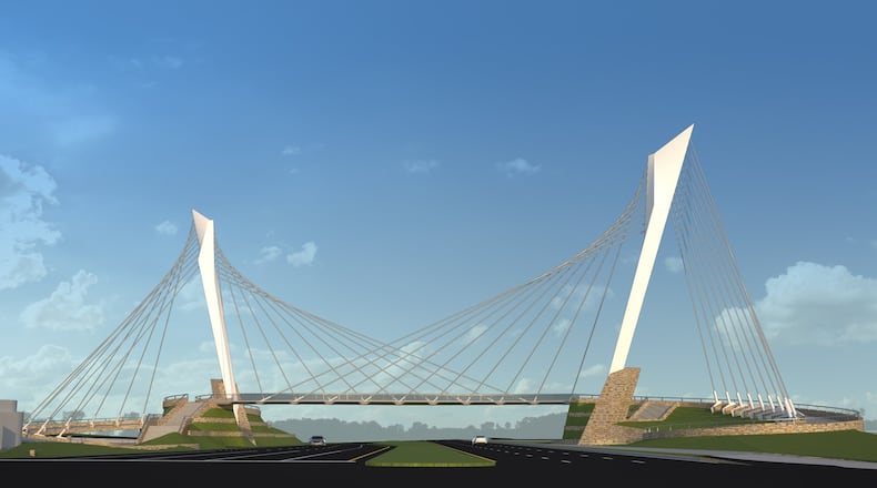 Peachtree Corners in Gwinnett is contemplating a dramatic design for a new pedestrian bridge over Peachtree Parkway. More jazzy bridge projects are about to roll out in metro Atlanta, as communities compete to brand themselves. (Photo courtesy of Peachtree Corners)