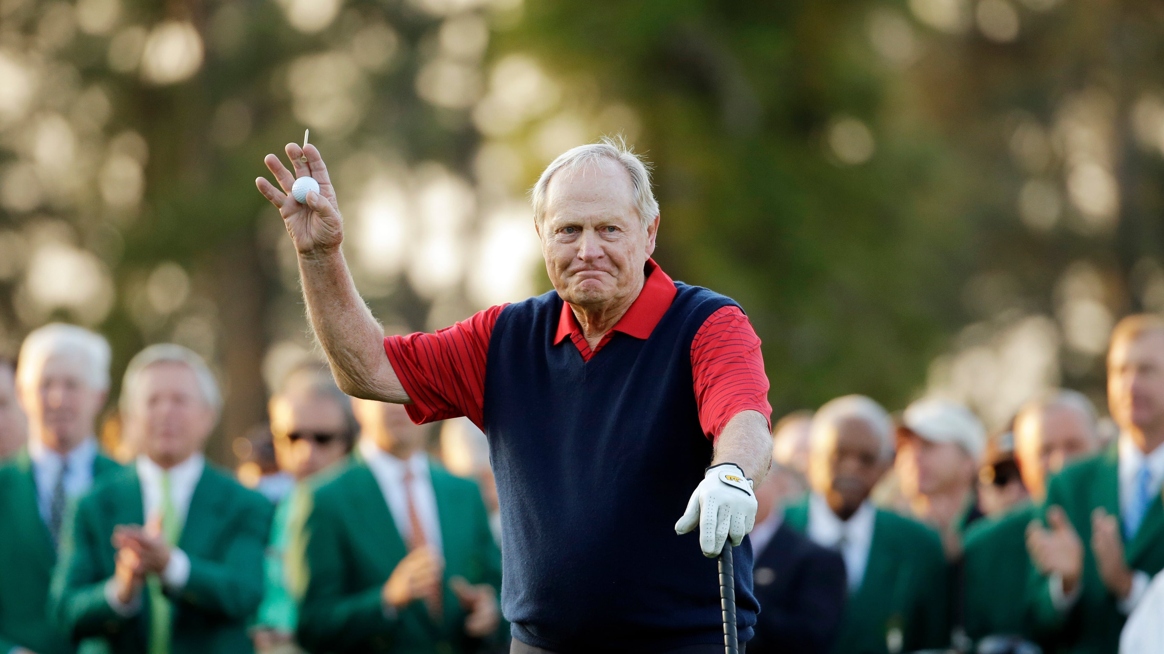 FILE - Jack Nicklaus waves before hitting the first tee for the honorary tee off before the first round of the Masters golf tournament, April 9, 2015, in Augusta, Ga. (AP Photo/Matt Slocum, File)