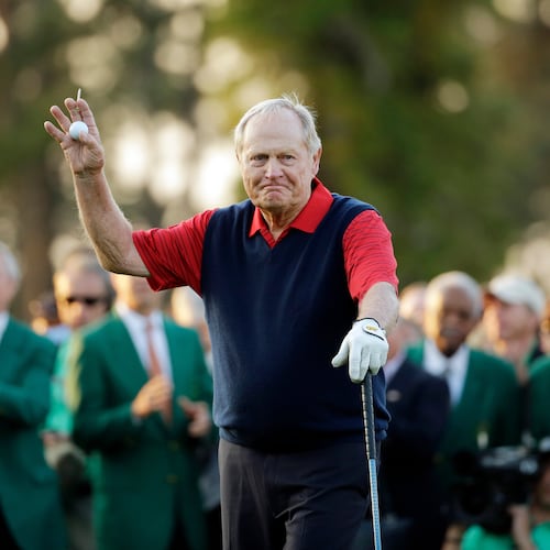 FILE - Jack Nicklaus waves before hitting the first tee for the honorary tee off before the first round of the Masters golf tournament, April 9, 2015, in Augusta, Ga. (AP Photo/Matt Slocum, File)