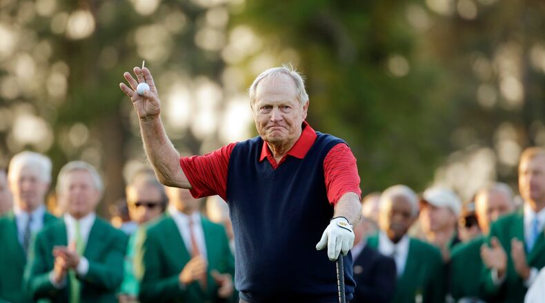 FILE - Jack Nicklaus waves before hitting the first tee for the honorary tee off before the first round of the Masters golf tournament, April 9, 2015, in Augusta, Ga. (AP Photo/Matt Slocum, File)