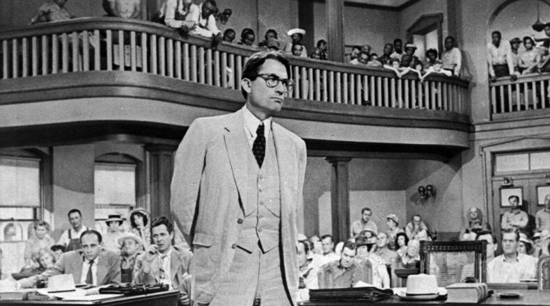 Gregory Peck in his Academy Award-winning role as Atticus Finch in the 1962 film version of “To Kill a Mockingbird.” Finch, a small-town Southern lawyer who defended a black man falsely accused of rape. AP Photo/Universal, File