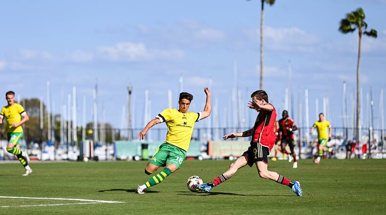 Atlanta United forward Saba Lobjanidze #9 kicks the ball during the match against Tampa Bay Rowdies at Al Lang Stadium in St. Petersburg, Florida, on Saturday Feb. 10, 2024. (Photo by Mitch Martin/Atlanta United)