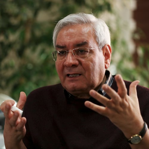 FILE - Ebrahim Asgharzadeh, one of the Iranian student leaders of the 1979 U.S. Embassy takeover, speaks in an interview with The Associated Press in Tehran, Iran, on Oct. 29, 2019. (AP Photo/Vahid Salemi, File)