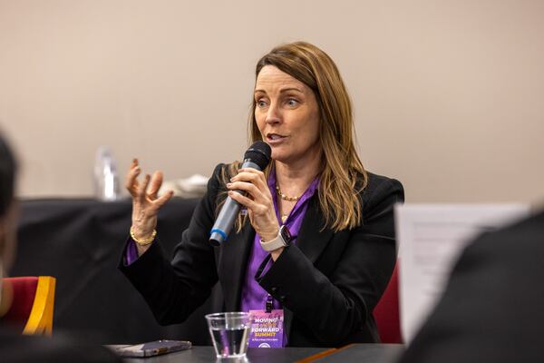 WABE CEO and President Jennifer Dorian speaks at the Moving Her Forward Summit at Atlanta Metropolitan State College in Atlanta on Wednesday, March 26, 2025. (Arvin Temkar / AJC)