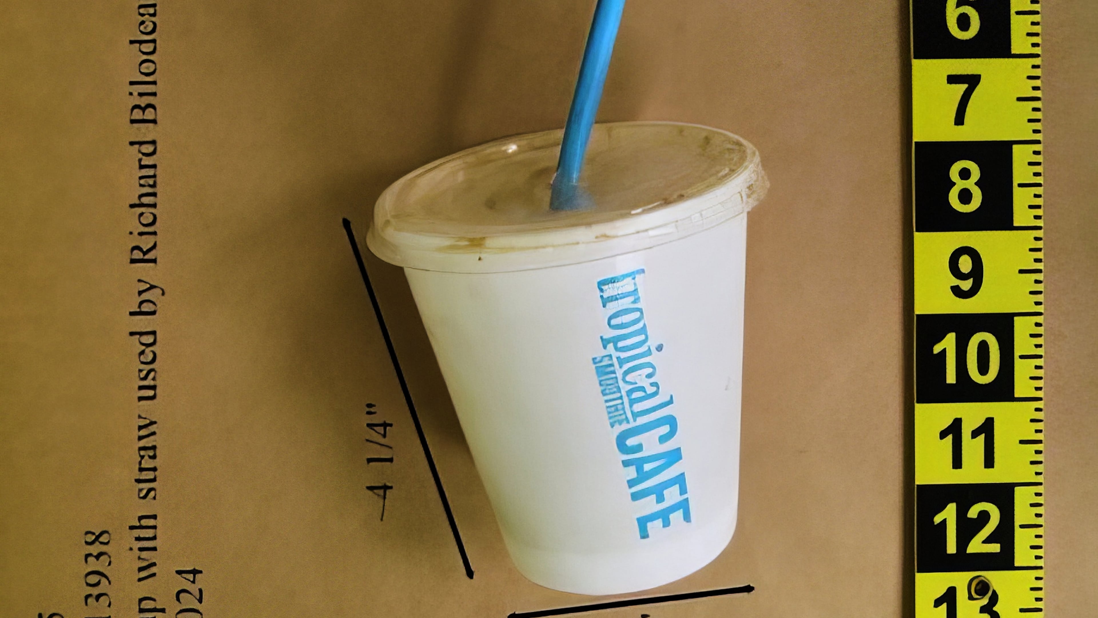 This image, provided by the Nassau County District Attorney, in Mineola, N.Y., Wednesday, Oct 15, 2025, shows a cup with straw used by Richard Bilodeau. (Nassau County District Attorney via AP)