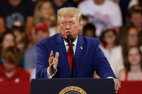 President Donald Trump speaks at Wheeler High School in Marietta on July 22, 2026. (Arvin Temkar/AJC)