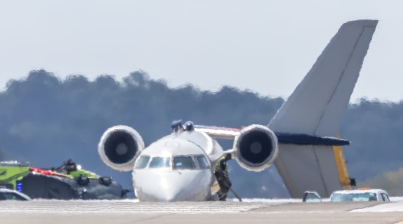 The wingtip of a Delta Air Lines aircraft struck the tail of another Delta plane at Hartsfield-Jackson International Airport on Tuesday morning, Spt. 10, 2024. There were passengers on board both planes, but no injuries are reported at this time, according to Hartsfield-Jackson and Delta. (John Spink/AJC)