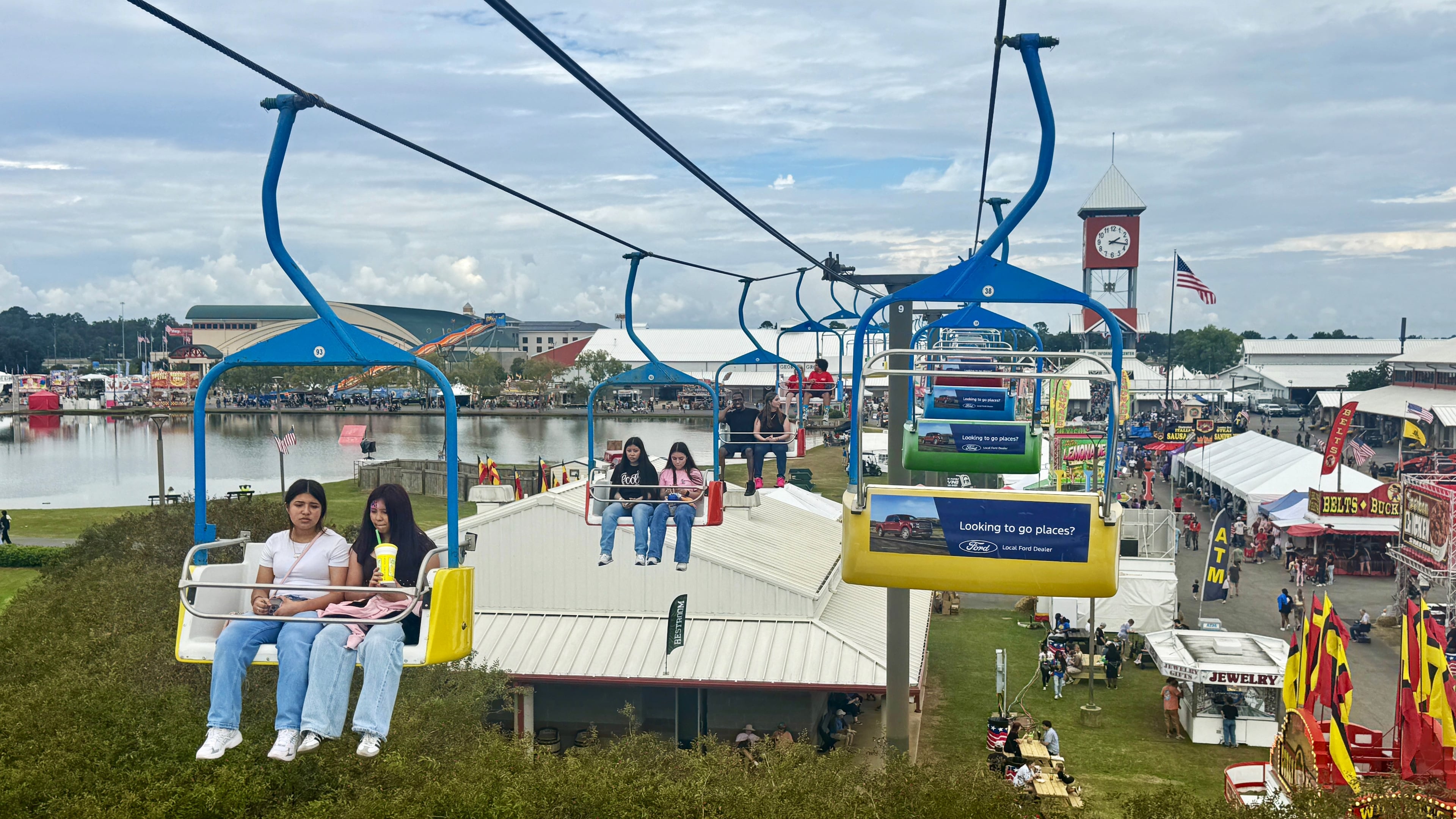 The Agri-Lift ride at the Georgia National Fair cruises on a conveyor cable across more than 1,400 feet of the annual Perry fair. (Joe Kovac Jr./AJC)