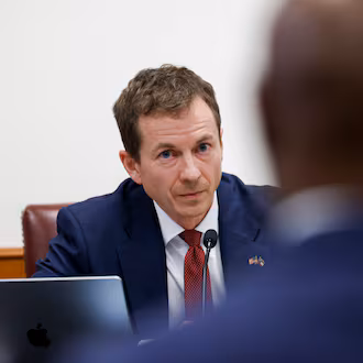 State Sen. Greg Dolezal, who is running for lieutenant governor, questions former Fulton County special prosecutor Nathan Wade during a Senate Special Committee on Investigations Subcommittee hearing in March. (Arvin Temkar/AJC)
