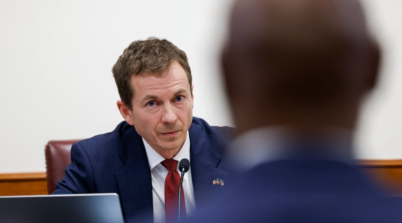 State Sen. Greg Dolezal, who is running for lieutenant governor, questions former Fulton County special prosecutor Nathan Wade during a Senate Special Committee on Investigations Subcommittee hearing in March. (Arvin Temkar/AJC)