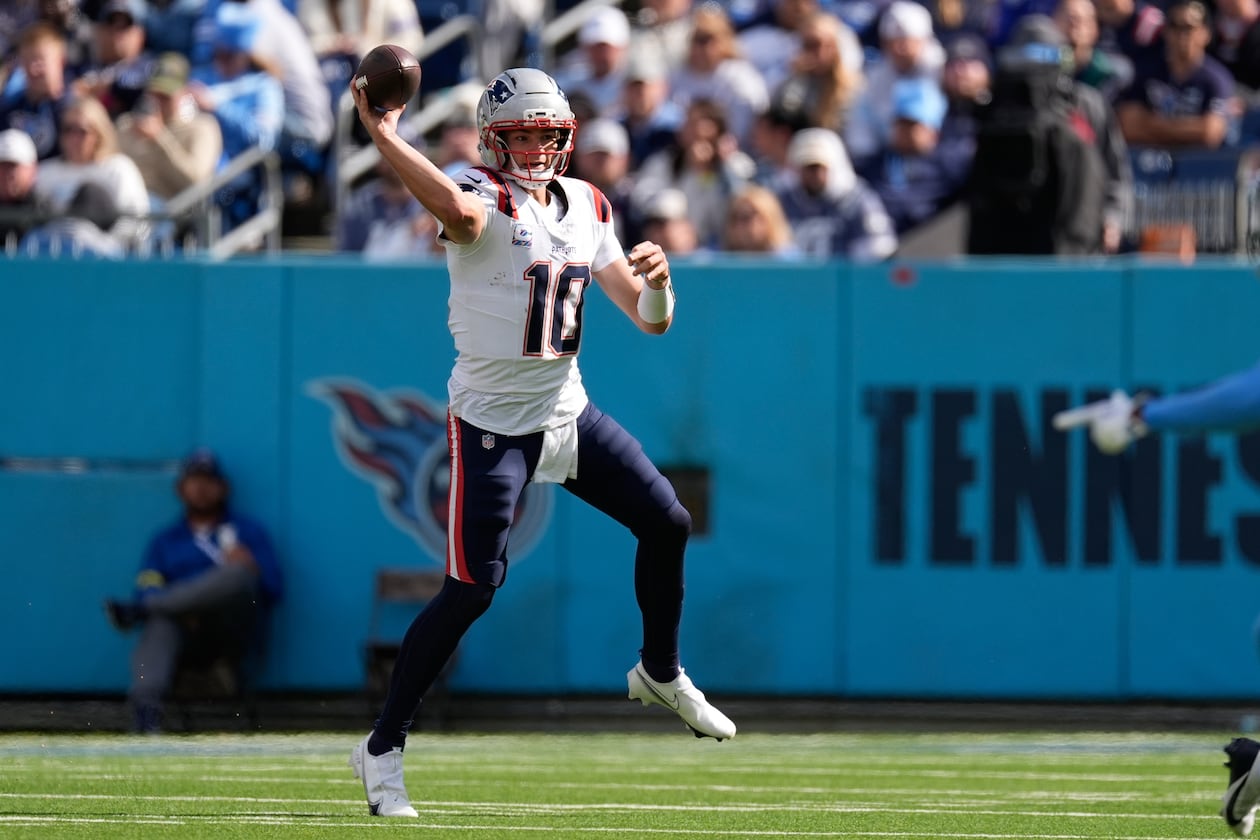 New England Patriots quarterback Drake Maye throws during the second half of an NFL football game against the Tennessee Titans, Sunday, Oct. 19, 2025, in Nashville, Tenn. (George Walker IV/AP)