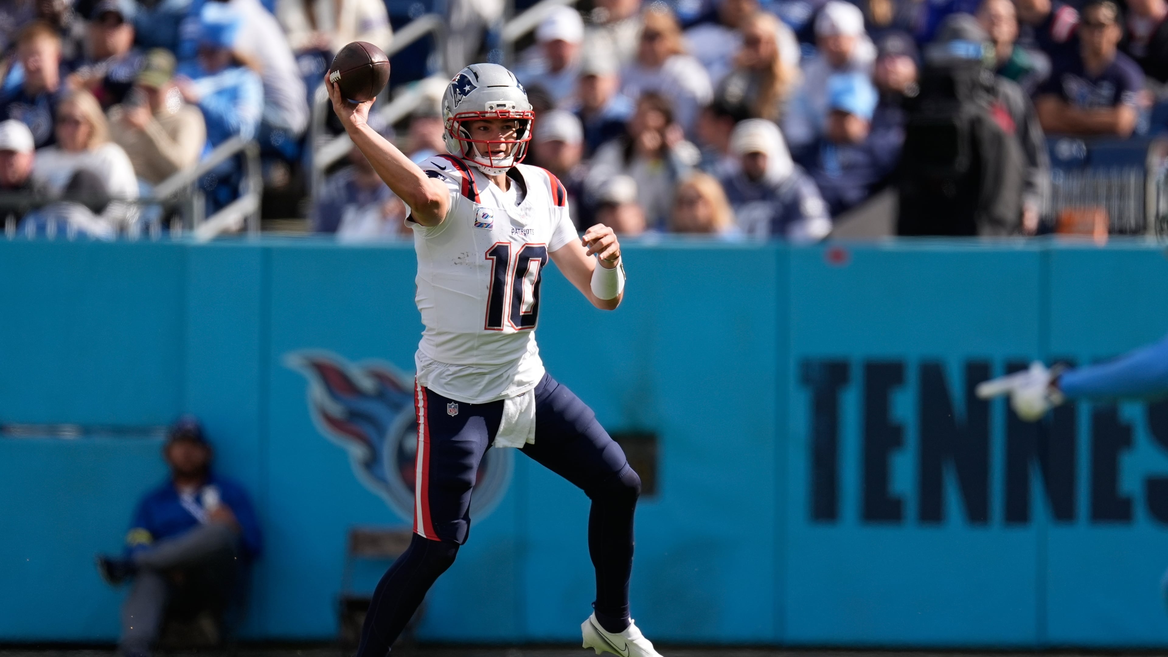 New England Patriots quarterback Drake Maye throws during the second half of an NFL football game against the Tennessee Titans, Sunday, Oct. 19, 2025, in Nashville, Tenn. (George Walker IV/AP)