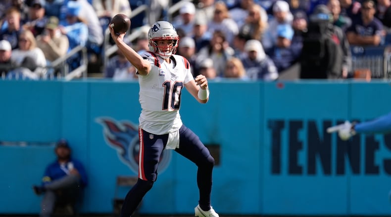 New England Patriots quarterback Drake Maye throws during the second half of an NFL football game against the Tennessee Titans, Sunday, Oct. 19, 2025, in Nashville, Tenn. (George Walker IV/AP)