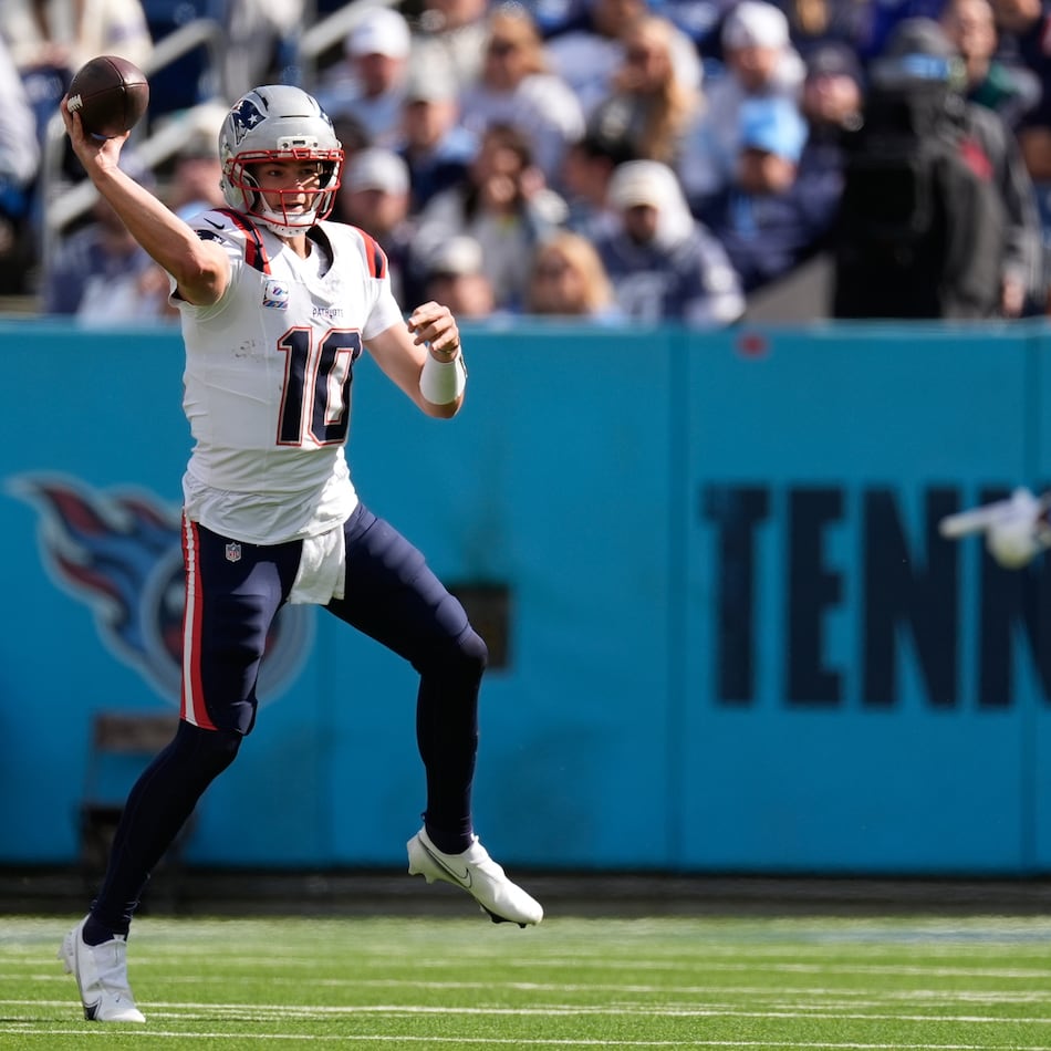 New England Patriots quarterback Drake Maye throws during the second half of an NFL football game against the Tennessee Titans, Sunday, Oct. 19, 2025, in Nashville, Tenn. (George Walker IV/AP)