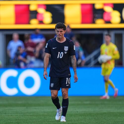 United States' Christian Pulisic (10) reacts after Belgium scored a goal during the World Cup round of 16 soccer match between the United States and Belgium in Seattle, Monday, July 6, 2026. (AP Photo/Abbie Parr)