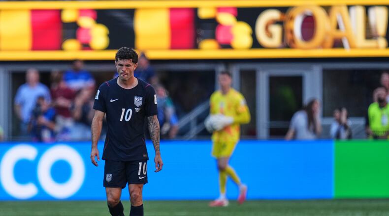 United States' Christian Pulisic (10) reacts after Belgium scored a goal during the World Cup round of 16 soccer match between the United States and Belgium in Seattle, Monday, July 6, 2026. (AP Photo/Abbie Parr)