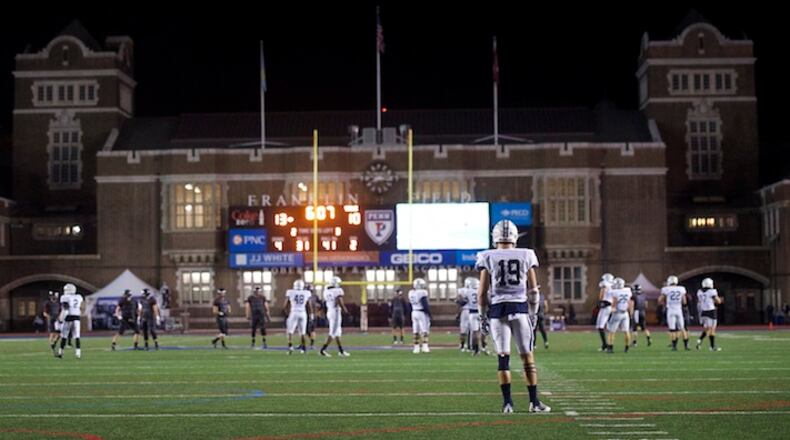 Yale Bulldogs defensive back Jason Alessi waits for a kickoff in a game against Penn at Franklin Field in Philadelphia, Oct. 23, 2015. In a departure from tradition, Ivy League football is playing Friday night games as part of a television strategy that doesn’t complete with the glut of games on Saturdays. (Mark Makela/The New York Times)