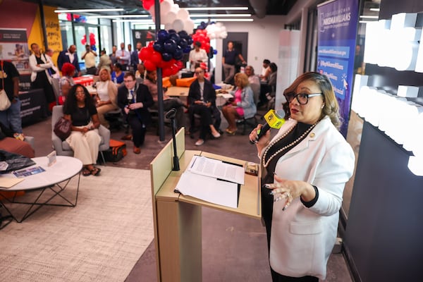U.S. Rep. Nikema Williams, D-Atlanta, speaks at her event Hustle & Grow, a small business resource fair, at the Russell Innovation Center for Entrepreneurs in Atlanta on May 29, 2026. (Arvin Temkar/AJC)