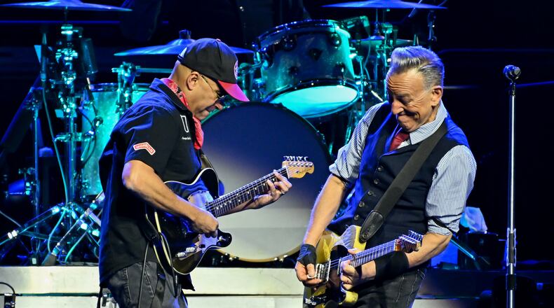 Tom Morello, left, and Bruce Springsteen perform during the "Land of Hope and Dreams" tour at Madison Square Garden on Monday, May 11, 2026, in New York. (Photo by Evan Agostini/Invision/AP)