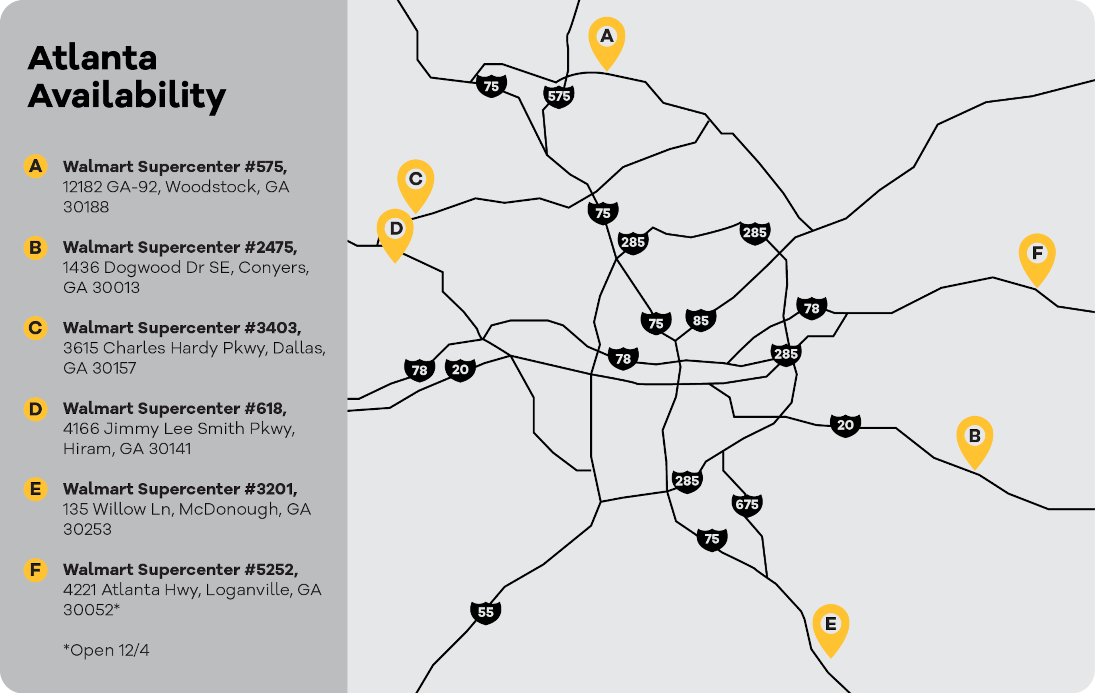 This map shows the Walmart Supercenters in metro Atlanta where the drone delivery service is available. (Courtesy of Wing)