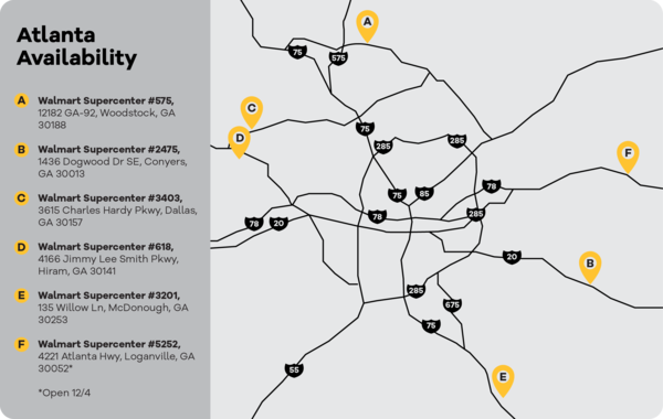 This map shows the Walmart Supercenters in metro Atlanta where the drone delivery service is available. (Courtesy of Wing)