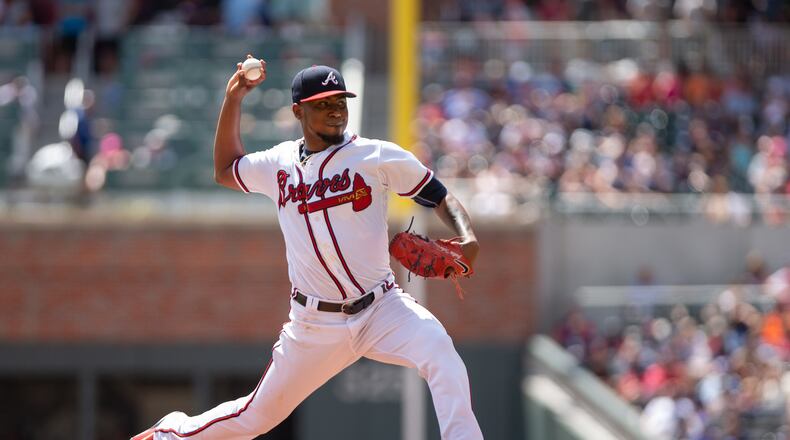 Julio Teheran throws a pitch in the second inning against the Washington Nationals at SunTrust Park on September 15, 2018 .