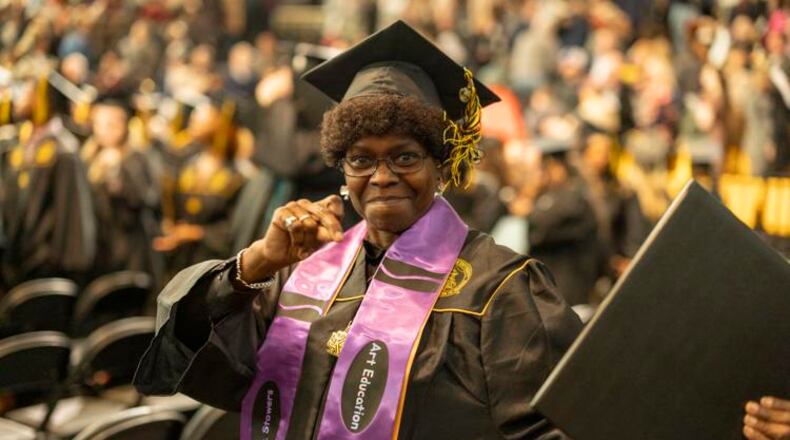 Gloria Stowers graduated from Kennesaw State University on Dec. 12 with a Bachelors degree in art education. Stowers is KSU’s most senior graduate this fall, earning her degree at 70. (Photo Courtesy of Darnell Wilburn/Kennesaw State University)