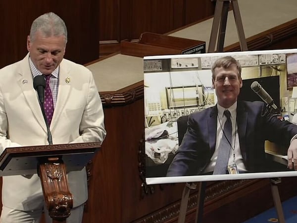 U.S. Rep. Buddy Carter, R-St. Simons Island, recently spoke on the House floor next to a photo of AJC columnist Jamie Dupree, who was marking a reporting anniversary.
