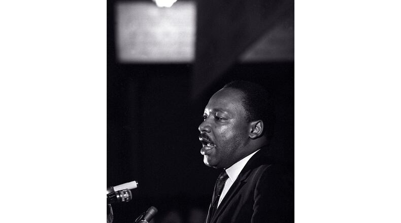 FILE - Dr. Martin Luther King Jr. makes his last public appearance at the Mason Temple in Memphis, Tenn., on April 3, 1968. (AP Photo/Charles Kelly, File)
