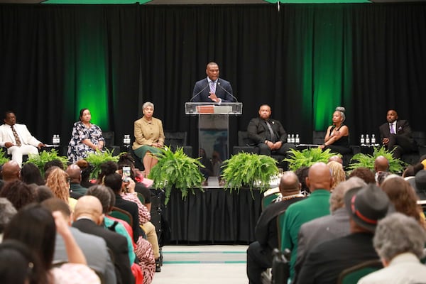 Tulsa Mayor Monroe Nichols IV speaks during the Legacy event for the Tulsa Race Massacre on Sunday, June 1, 2025, at Greenwood Cultural Center in Tulsa, Okla. (AP Photo/Joey Johnson)