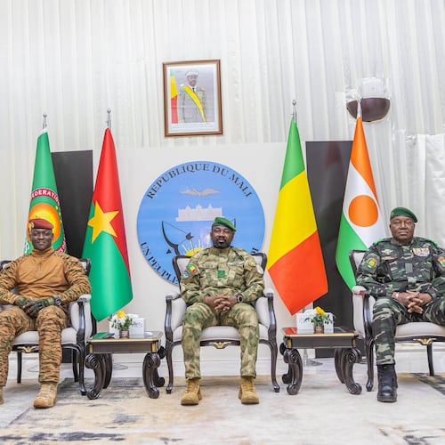 FILE - Captain Ibrahim Traoré of Burkina Faso, left, General Assimi Goïta of Mali, center, and General Abdourahamane Tchiani of Niger attend the second summit on security and development in Bamako, Mali, Tuesday, Dec. 23, 2025. (Mali Government Information Center via AP, File)