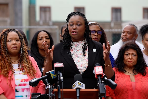 South Fulton Councilmember Helen Z. Willis, joined by elected officials and Job Corps staff, addresses a press conference at the deserted Job Corps site in South Fulton. They express their concerns regarding the Department of Labor’s decision to shut down contractor-operated Job Corps centers on Wednesday, June 4, 2025. They call on Congress and President Donald Trump to reinstate Job Corps funding in the FY2026 federal budget. (Miguel Martinez/AJC)