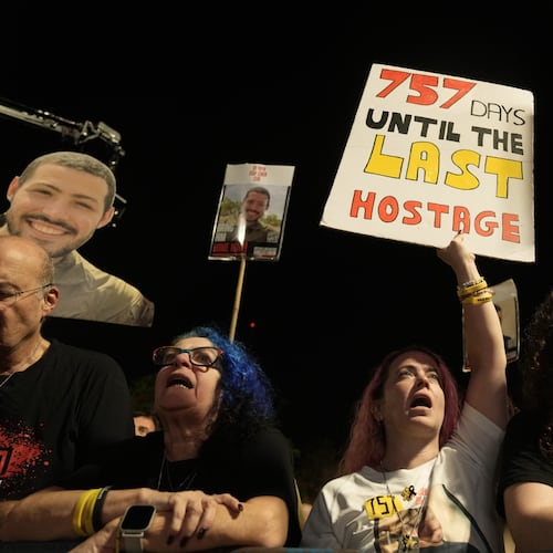 Relatives and supporters of hostages held by Hamas in the Gaza Strip attend a rally calling for their immediate release in Tel Aviv, Israel, Saturday, Nov. 1, 2025. (AP Photo/Mahmoud Illean)