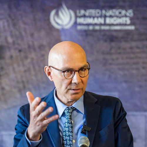UN High Commissioner for Human Rights Volker Turk speaks to the media, at the Office of the United Nations High Commissioner for Human Rights (OHCHR) Palais Wilson, in Geneva, Switzerland, Wednesday, June 10, 2026. (Martial Trezzini/Keystone via AP)