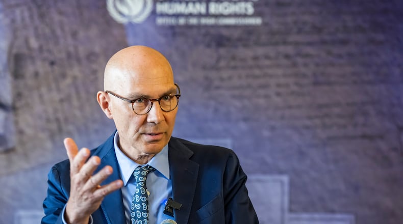 UN High Commissioner for Human Rights Volker Turk speaks to the media, at the Office of the United Nations High Commissioner for Human Rights (OHCHR) Palais Wilson, in Geneva, Switzerland, Wednesday, June 10, 2026. (Martial Trezzini/Keystone via AP)