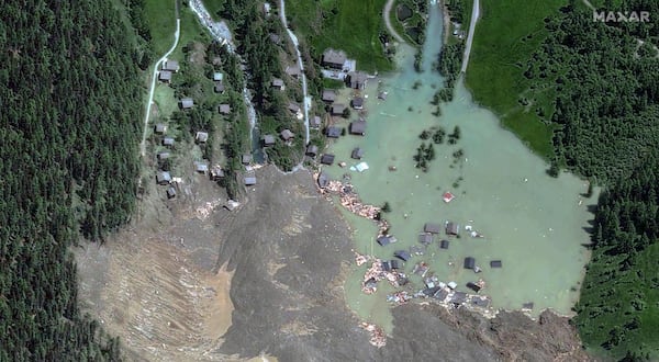 This satellite image provided by Maxar Technologies shows the village of Blatten after suffering a mudslide, in Switzerland, Thursday May 29, 2025. (Maxar Technologies via AP)