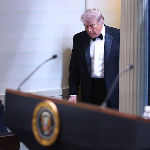 President Donald Trump arrives at the James Brady Press Briefing Room at the White House after an unspecified threat at the annual White House Correspondents' Association Dinner in Washington, Saturday, April 25, 2026. (AP Photo/Tom Brenner)