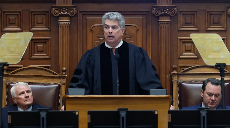 Georgia Supreme Court Chief Justice Michael Boggs delivers his third annual State of the Judiciary address in a joint session of the House and Senate on Tuesday, January 28, 2025.
(Miguel Martinez/ AJC)