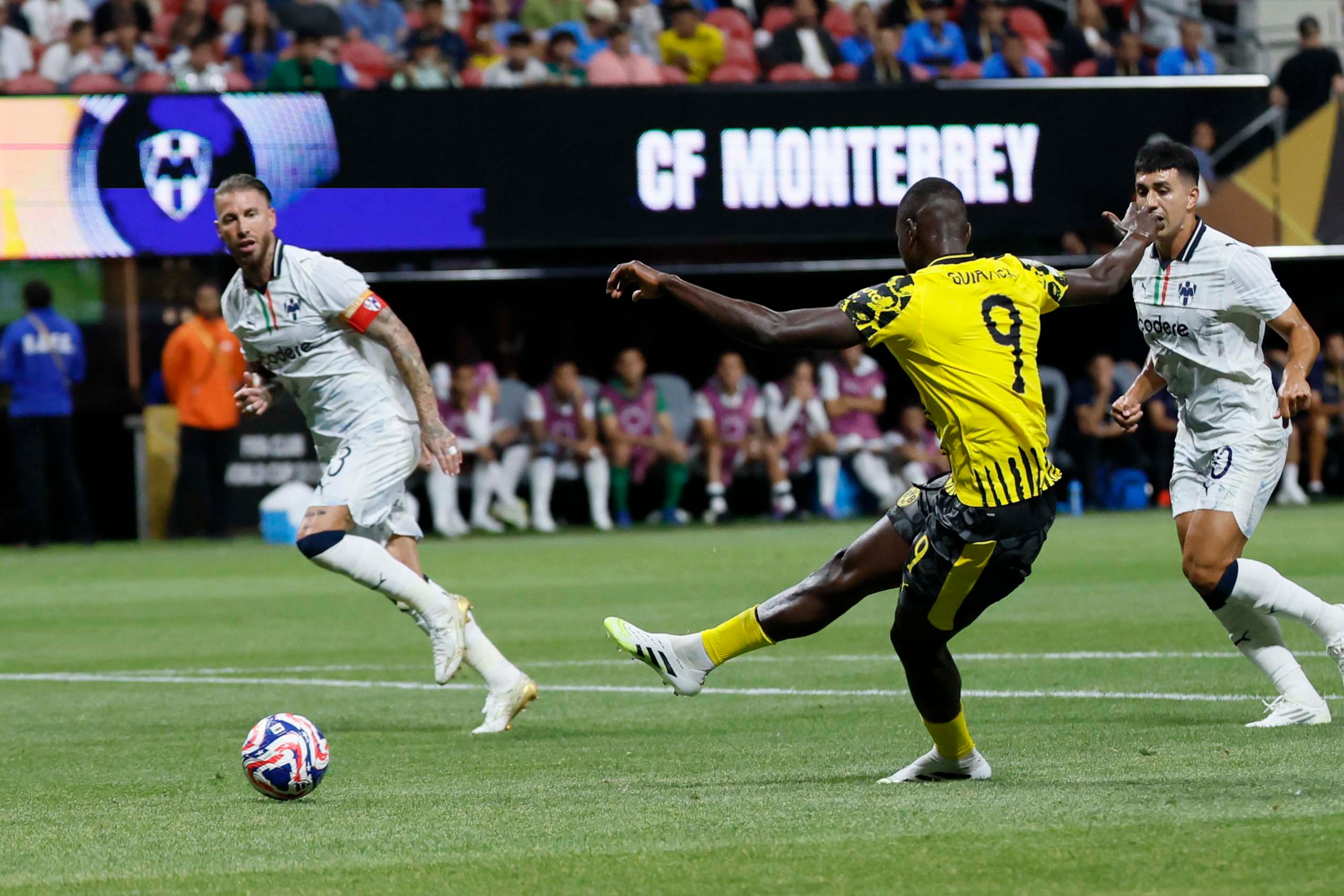 Borussia Dortmund forward Serhou Guirassy (9) shot to score his team’s first goal during the Club World Cup round of 16 soccer match between Borussia Dortmund and C.F. Monterrey in Atlanta, Georgia, on Tuesday, July 1, 2025.
(Miguel Martinez/ AJC)