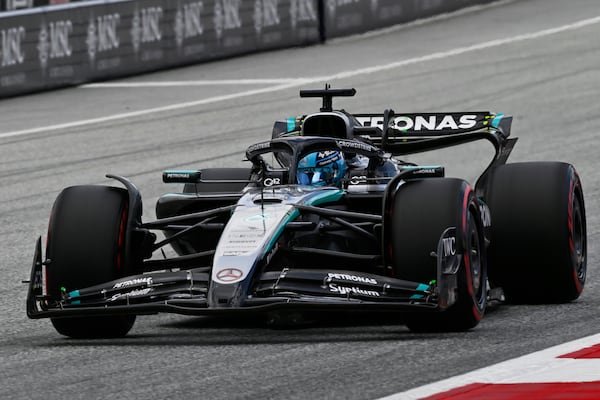 Mercedes driver George Russell of Britain in action during the first free practice at the Red Bull Ring racetrack, ahead of the Austrian Formula One Grand Prix in Spielberg, Austria, Friday, June 27, 2025. (AP Photo/Denes Erdos)
