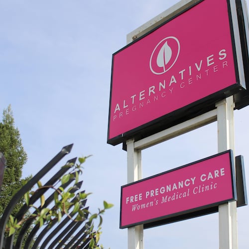 A sign for the Alternatives Pregnancy Center in Sacramento, Calif., is seen on Friday, Oct. 24, 2025. (AP Photo/Sophie Austin)