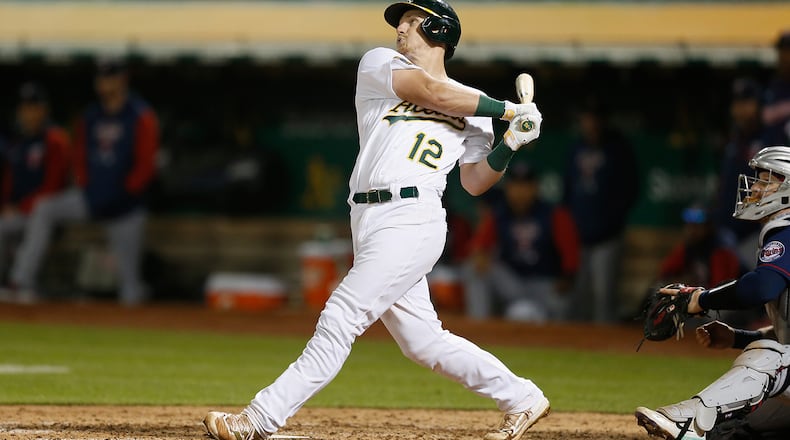 Sean Murphy of the Oakland Athletics hits a two-run single in the bottom of the seventh inning against the Minnesota Twins at RingCentral Coliseum on May 17, 2022, in Oakland, California. (Lachlan Cunningham/Getty Images/TNS)