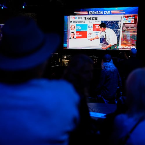 Supporters of Democratic candidate Aftyn Behn watch results at an election night party for the special election of the U.S. seventh congressional district, Tuesday, Dec. 2, 2025, in Nashville, Tenn. (AP Photo/George Walker IV)